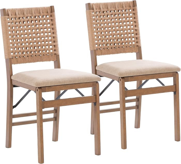 Linon Bennett Natural Folding Chair with Woven Rope Back and Linen Upholstered Seat Set of 2 | Amazon (US)