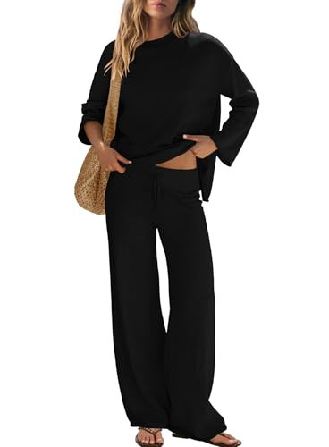 Yanekop Womens Matching Lounge Sets 2 Piece Outfits Sweater Set Lightweight Knit Loungewear Set Casual Loose Fit Outfit(Black,L) | Amazon (US)