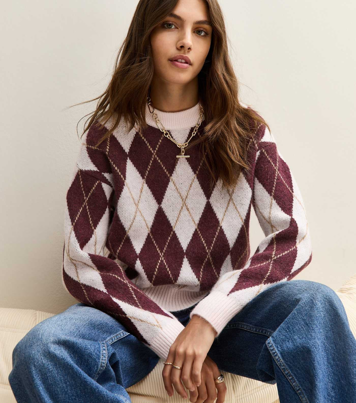 Red Argyle Crew Neck Midweight Knit Jumper | New Look | New Look (UK)