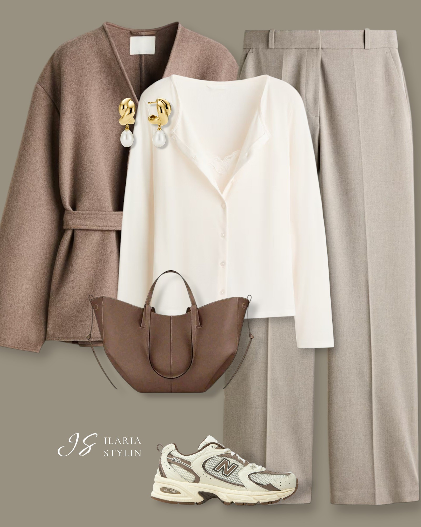 An effortless blend of structure and softness: a taupe belted coat, ivory cardigan with delicate detailing, tailored gray trousers, and neutral sneakers, styled with pearl-drop earrings and a sculptural brown bag 🤍

outfit ideas, taupe coat, tie-belt coat, wool-blend coat, white cardigan, layered cardigan, gray pants, twill pants, dress pants, wide leg pants, new balance 530, neutral sneakers, brown bag, tote bag, casual outfit, casual chic outfit

#LTKootd #LTKSeasonal #LTKWorkwear