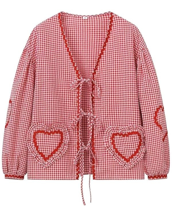 Women Bow Tie Front Shirt Top Y2K Cute Puff Sleeve Peplum Blouse Coquette Gingham Babydoll Cottag... | Amazon (US)