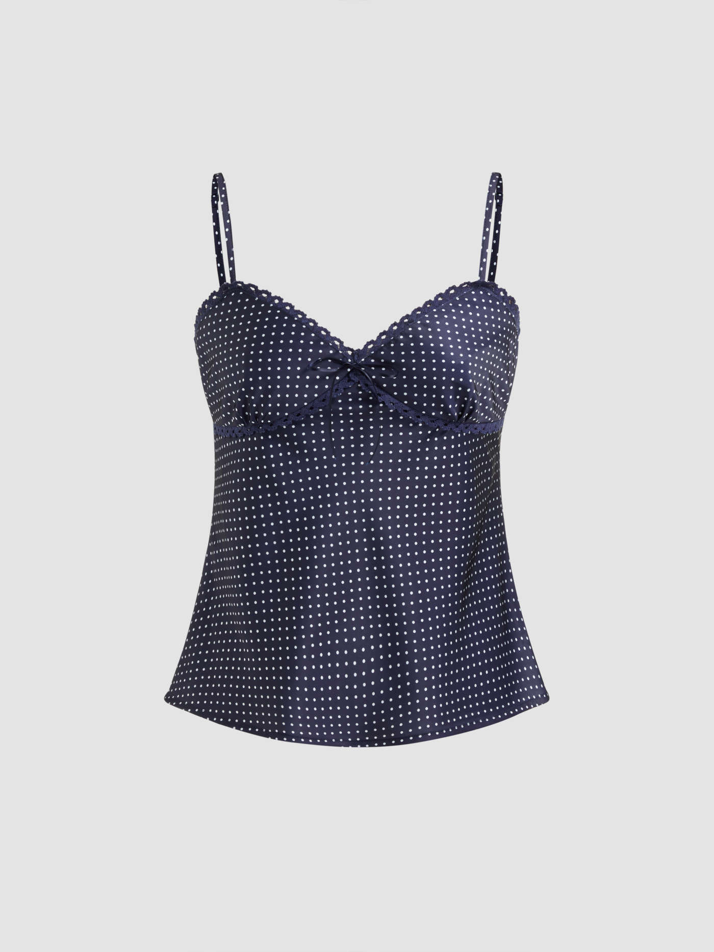 Woven Sweetheart Neckline Polka Dot Lace Trim Knotted Cami Top For Daily Casual | Cider
