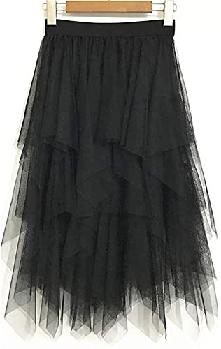 LBKKC Women's Tulle Skirt Formal High Low Asymmetrical Midi Length Elastic Waist Layered Puffy Fairy Skirts Black | Amazon (US)