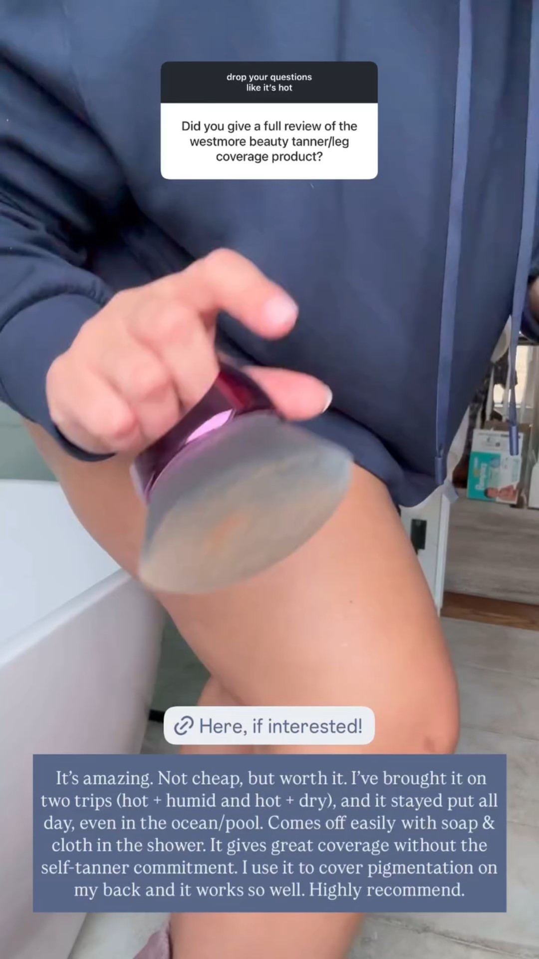 @westmorebeauty  It’s amazing. Not cheap, but worth it. I’ve brought it on two trips (hot + humid and hot + dry), and it stayed put all day, even in the ocean/pool. Comes off easily with soap & cloth in the shower. It gives great coverage without the self-tanner commitment. I use it to cover pigmentation on my back and it works so well. Highly recommend.