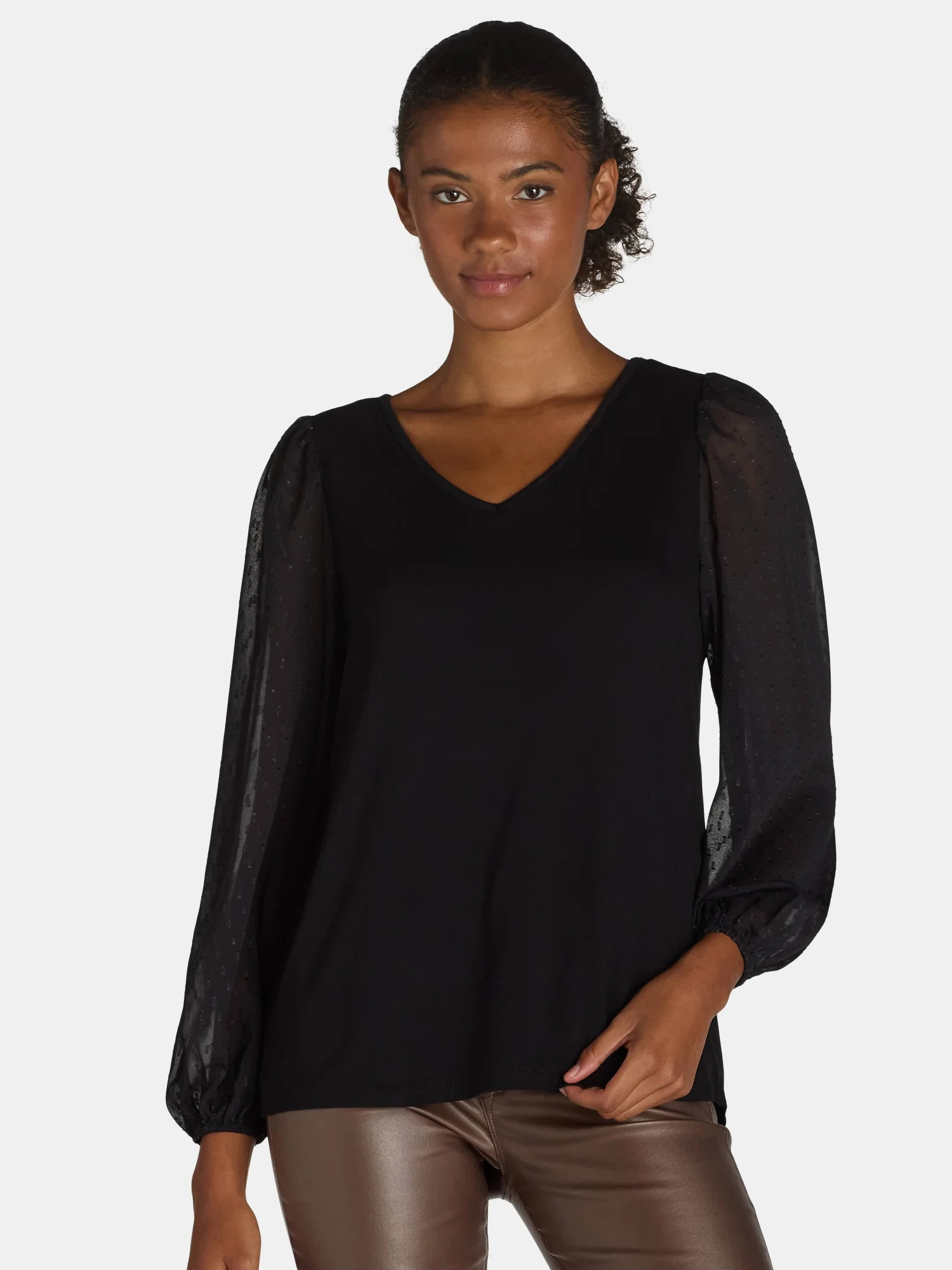 The Pioneer Woman Mixed Media Knit Blouse, Women’s, Sizes XS-XXXL | Walmart (US)