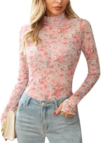 Ugerlov Womens Lace Long Sleeve Mesh Top Floral Mock Neck See Through Going Out Top with Thumb Ho... | Amazon (US)