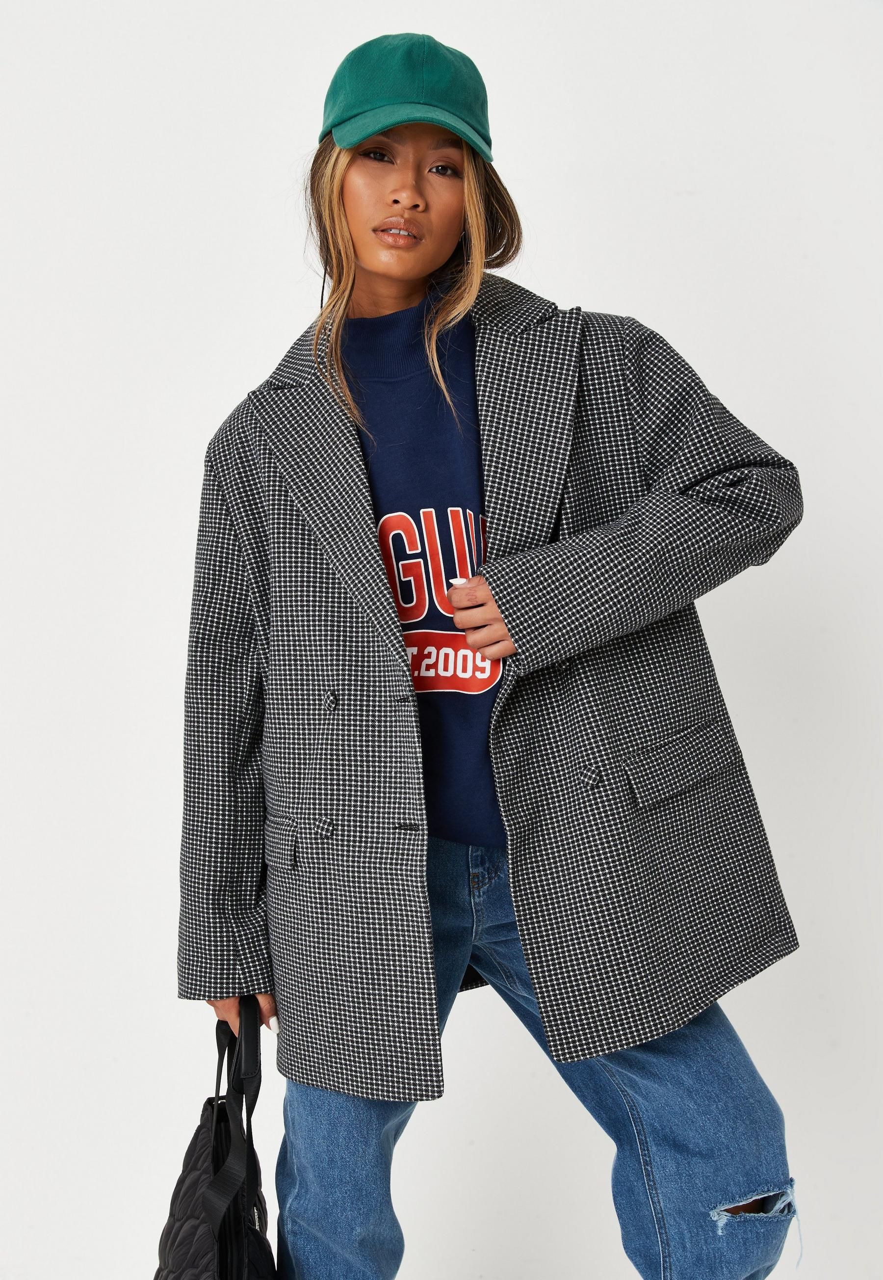 Missguided - Gray Plaid Oversized Boyfriend Blazer Coat | Missguided (US & CA)