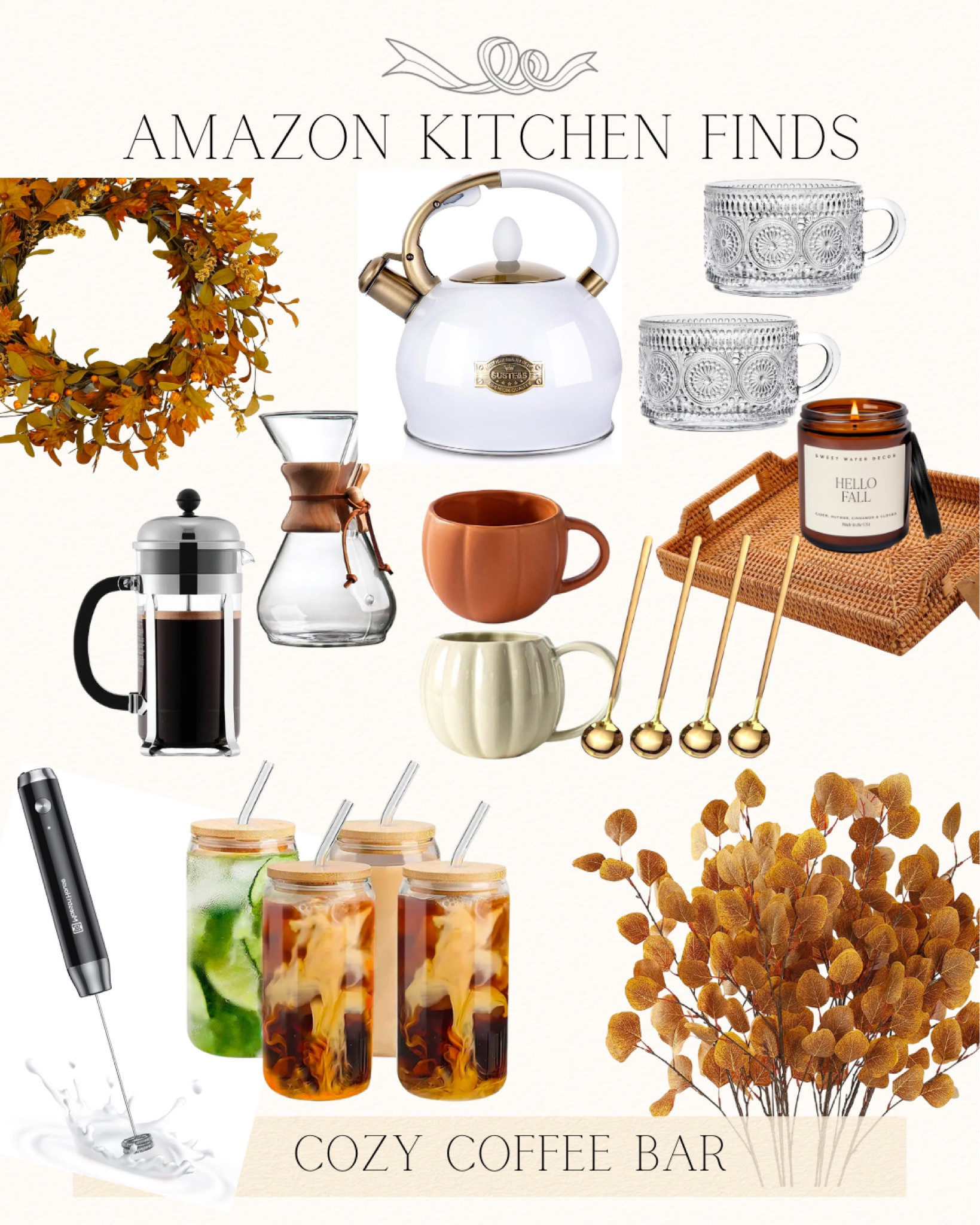 Amazon kitchen finds, amazon fall finds, cozy coffee bar, coffee finds, tea kettle, fall coffee mugs, iced coffee cups, French press, Chemex 

#LTKhome #LTKSeasonal #LTKfindsunder50