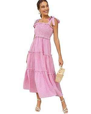 Floerns Women's Floral Print Tie Strap Square Neck Ruffle Boho Maxi Dress | Amazon (US)