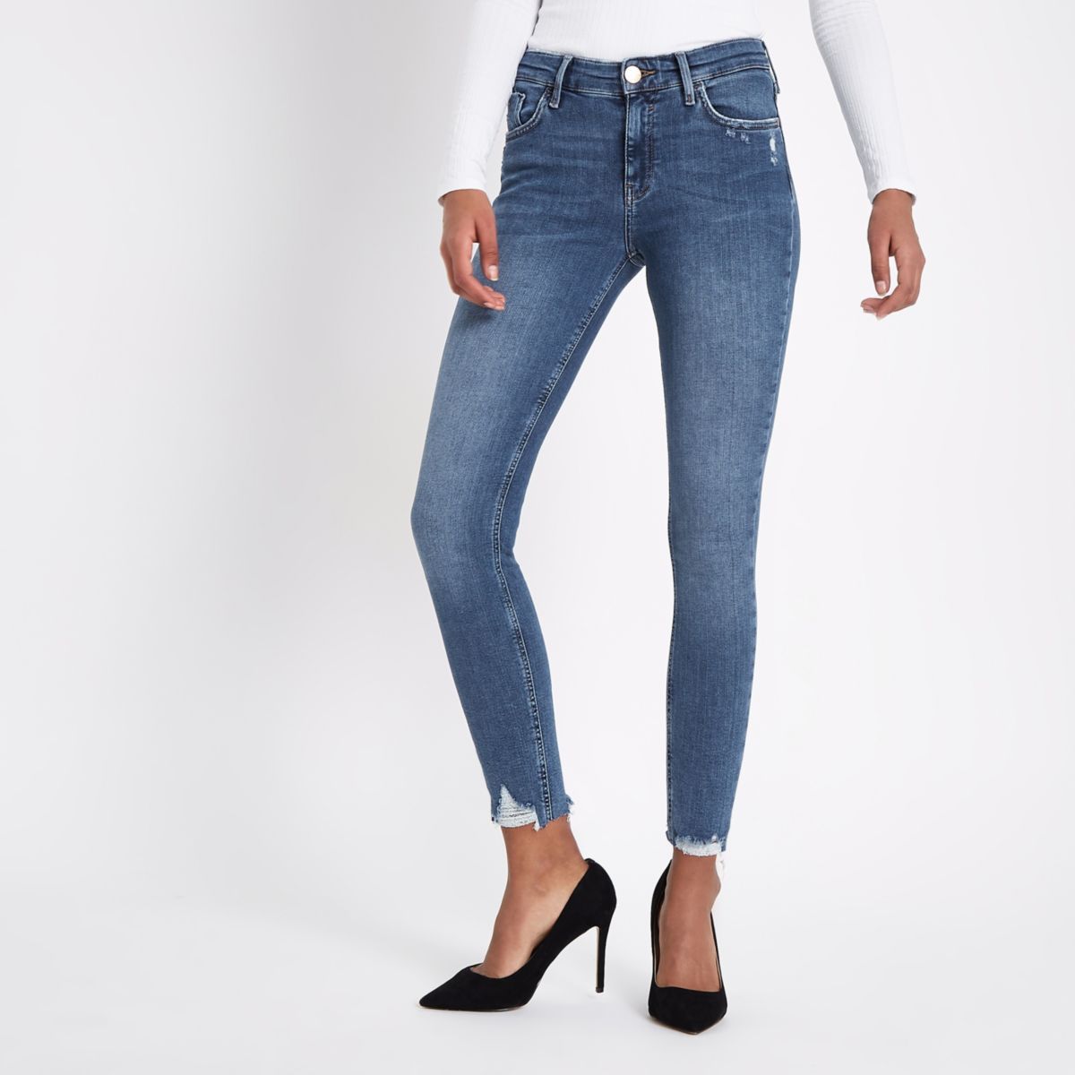 River Island Womens Mid Blue Amelie ripped hem super skinny jeans | River Island (UK & IE)