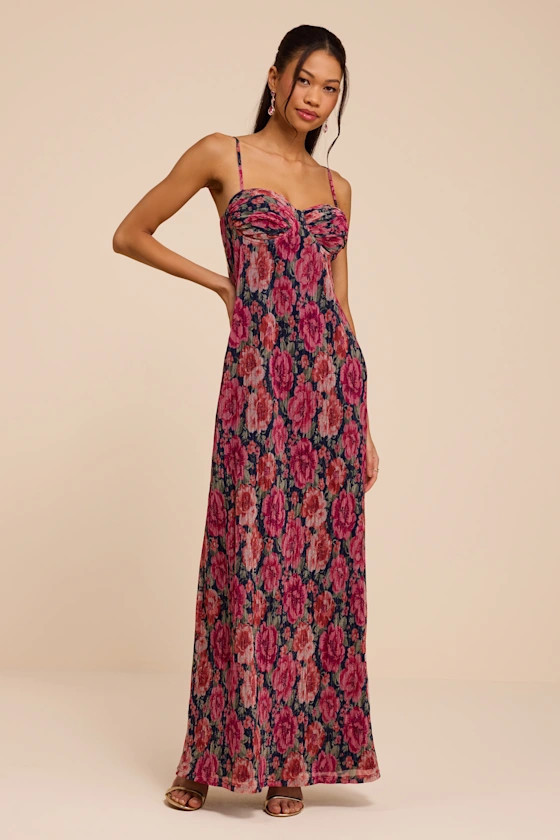 Kendlyn Navy Multi Floral Plisse Maxi Dress | Lulus
