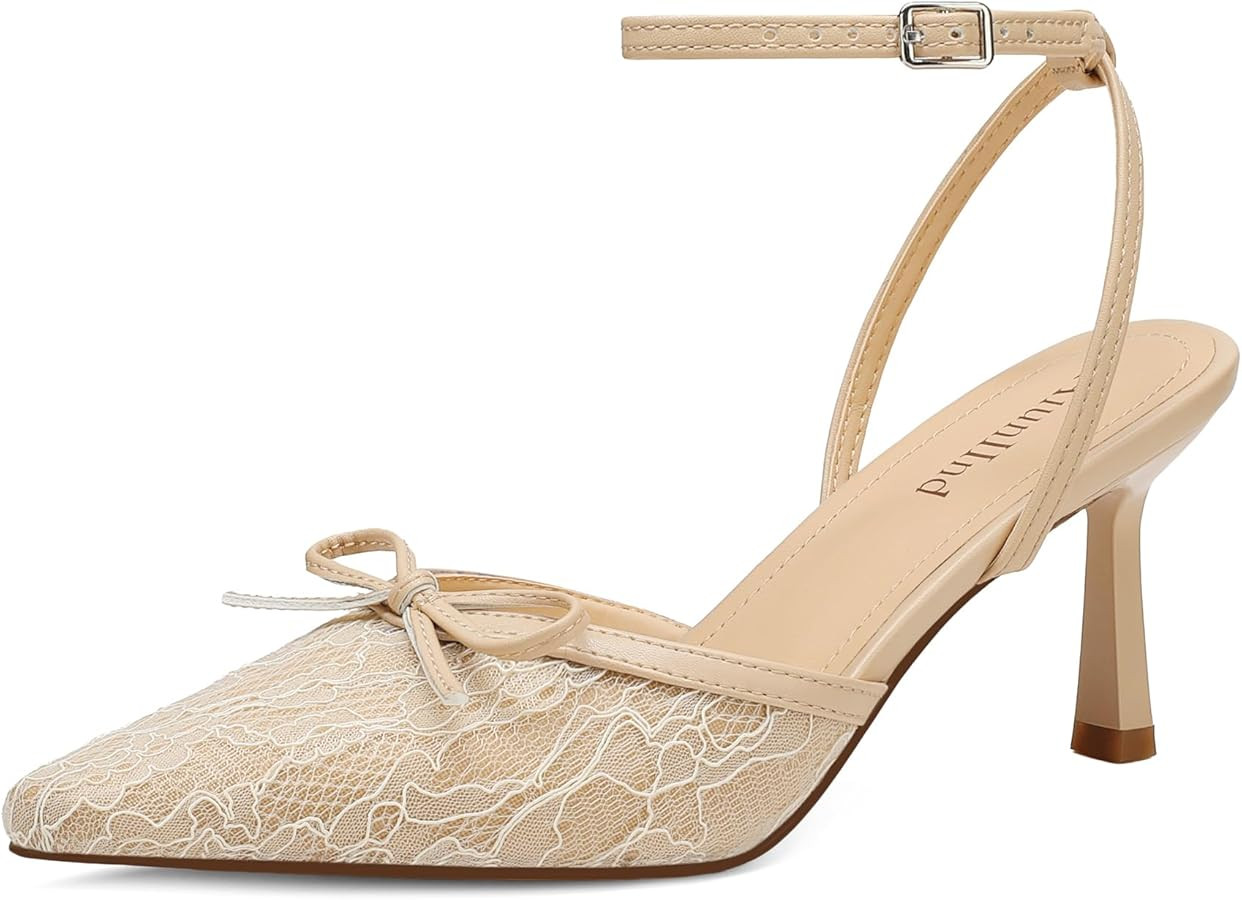 AIUNIIND Women's Pointed Toe Kitten Heel Lace Pumps Ankle Strap Heeled Sandals Wedding Dress Shoes for Women | Amazon (US)