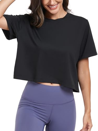 KevaMolly Workout Crop Tops for Women Athletic Cropped Tshirts Black M | Amazon (US)