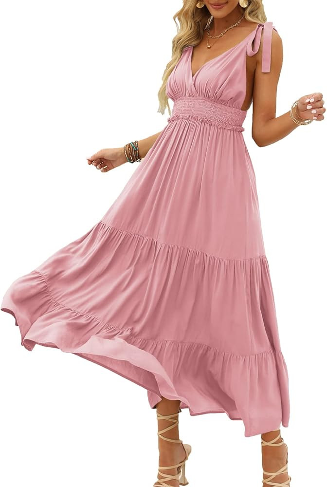 DEEP SELF Women's Summer V Neck Tie Strap Maxi Dress Halter Ruffle Hem Long Dresses Spaghetti Strap  | Amazon (US)