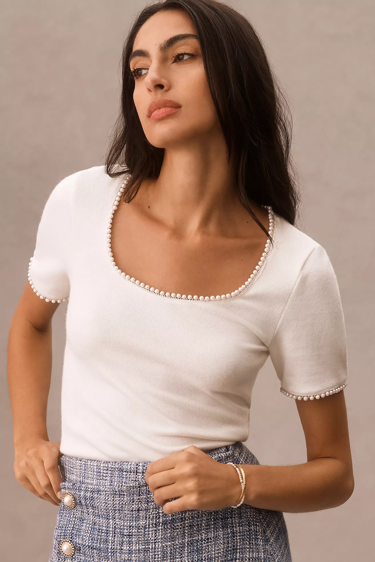 Canapé Pearl-Trim Scoop-Neck Tee | Anthropologie (US)
