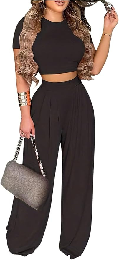 WDIRARA Women's 2 Piece Outfits Short Sleeve Crop Top And Plant Print Long Pants | Amazon (US)