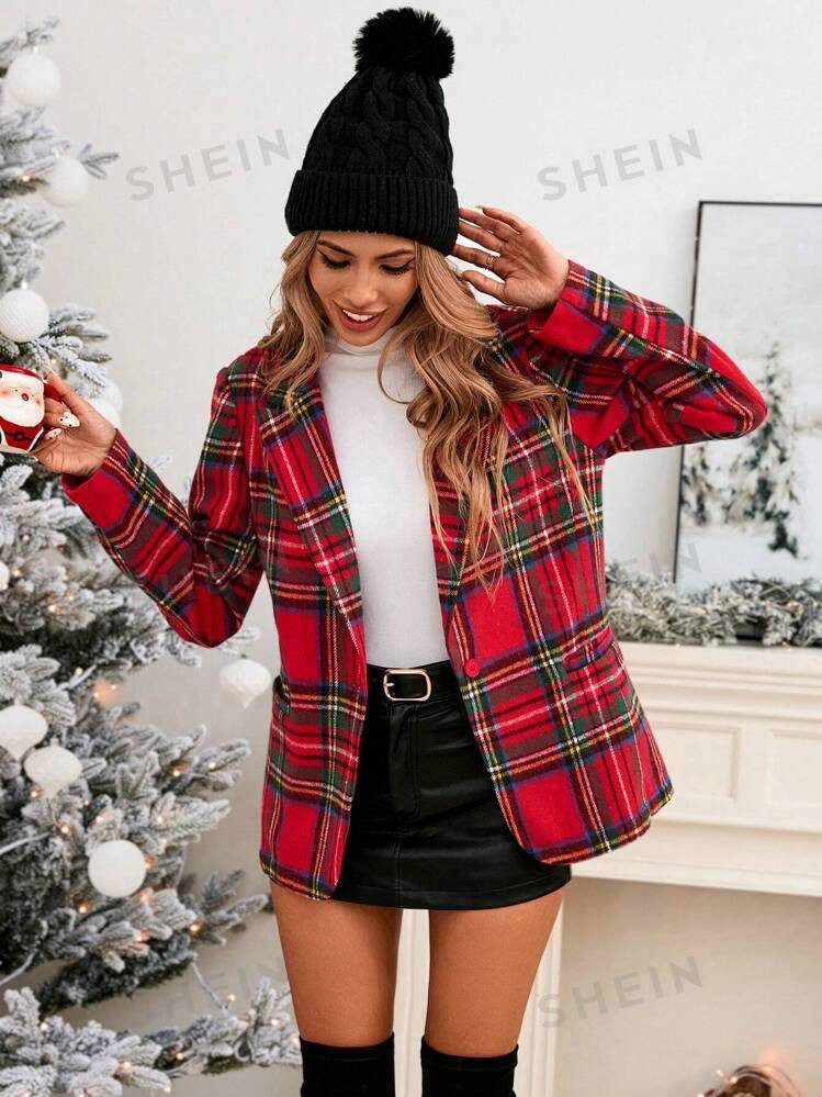 SHEIN LUNE Christmas Red Plaid Pattern Women Suit Jacket, For Party And Gatherings, Winter | SHEI... | SHEIN