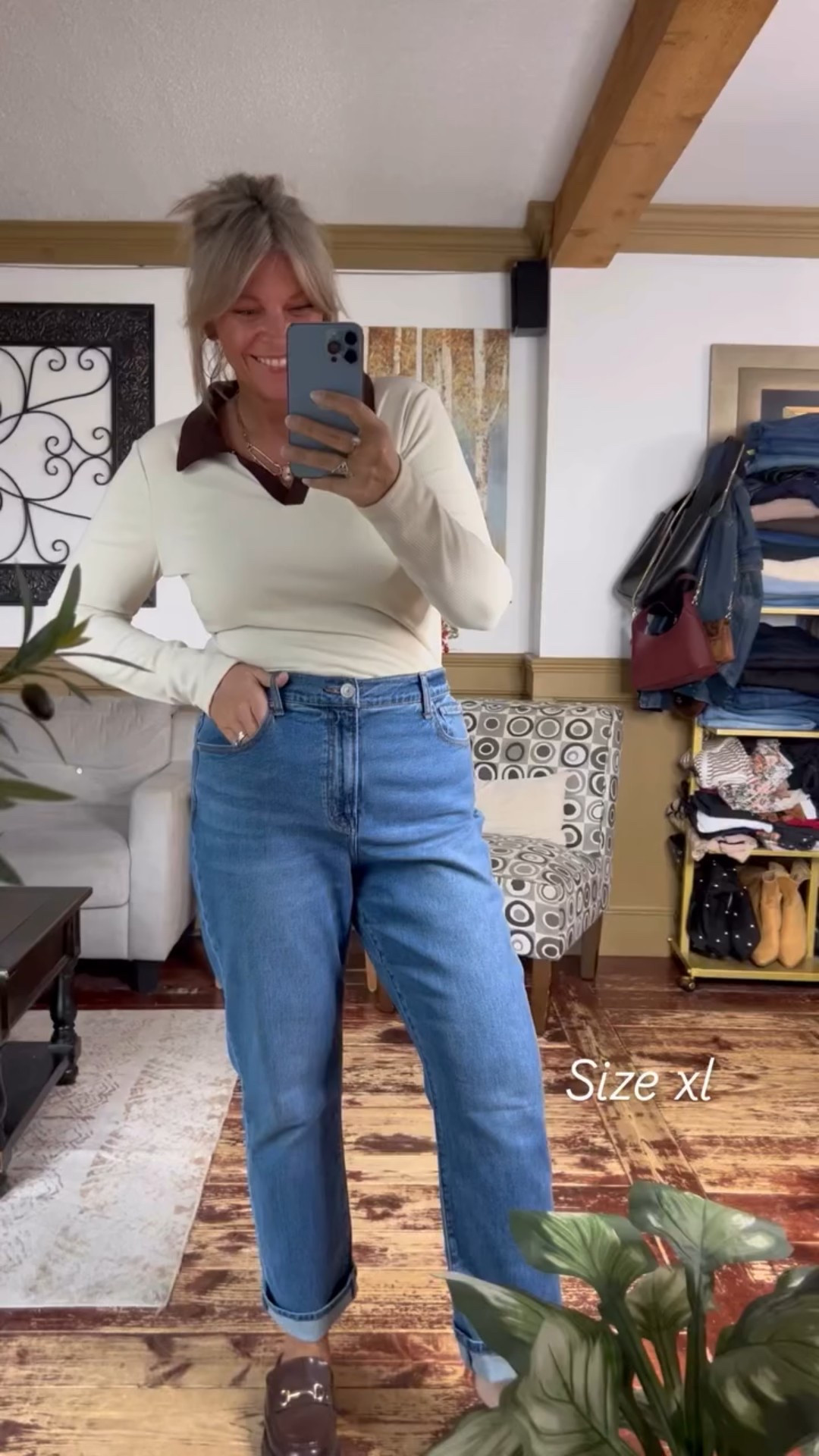 Size xl in my super soft collared top and 14 in the denim 

#LTKMidsize #LTKFindsUnder50 #LTKOver40