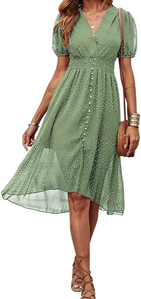 PRETTYGARDEN Women's Floral Wrap V-Neck Midi Dress Sage Green Dress Green Floral Dress | Amazon (US)