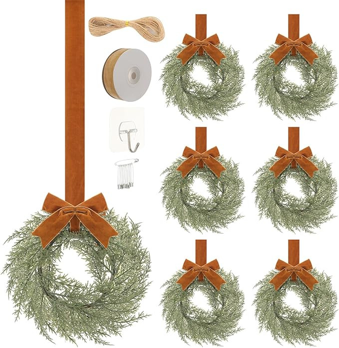 6 Pcs Christmas Chair Wreaths 9 Inch Craft DIY Small Wreaths Artificial Norfolk Pine with Velvet ... | Amazon (US)