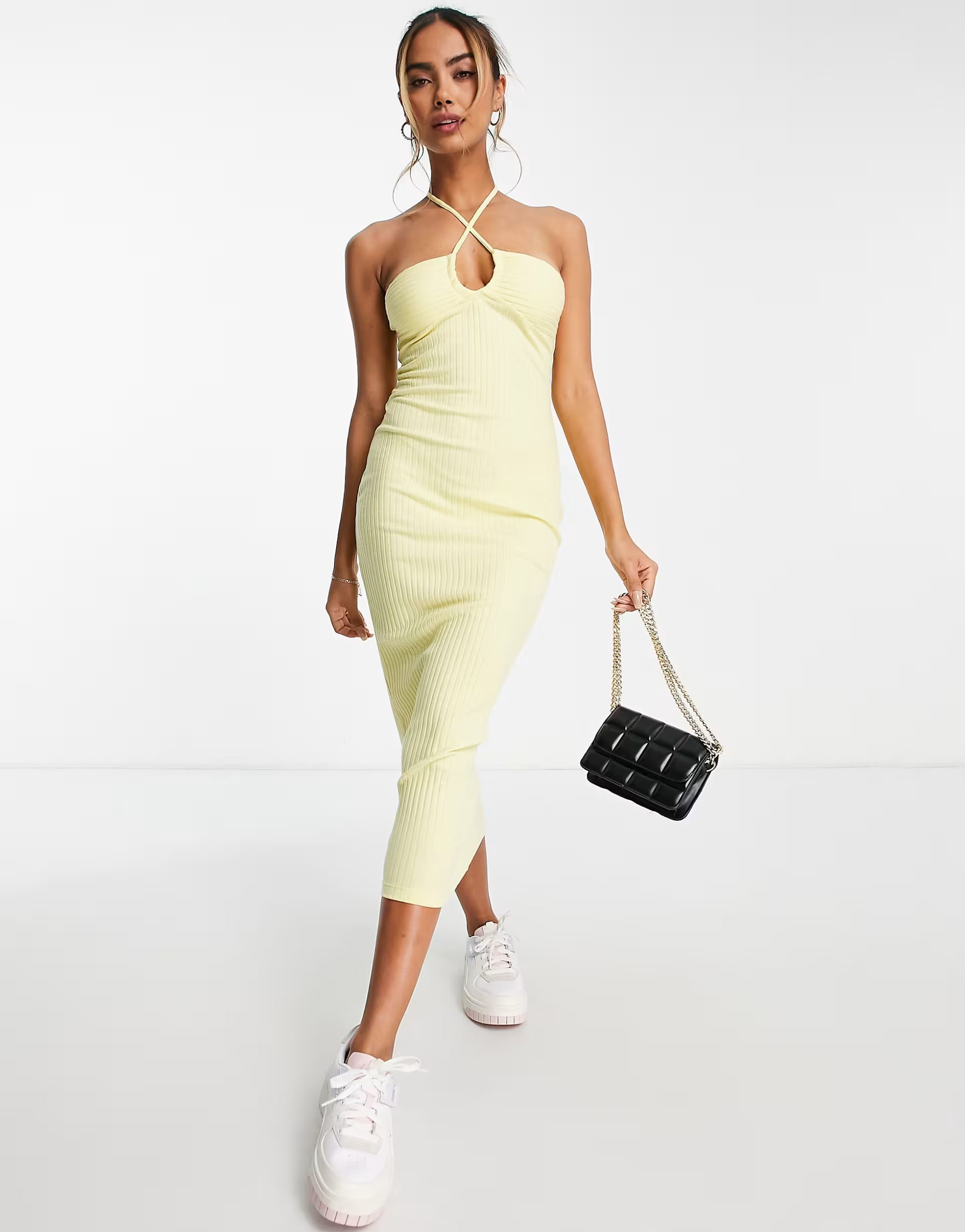 ASOS DESIGN ribbed midi with halter neck tie detail dress in lemon | ASOS (Global)