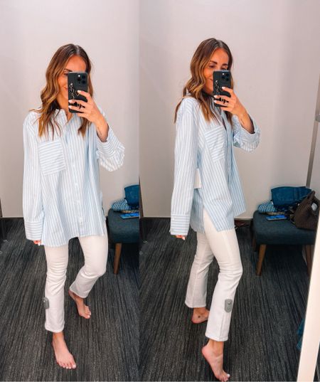 White jeans, these madewell jeans run big. Size down . Wearing S in oversized shirt 