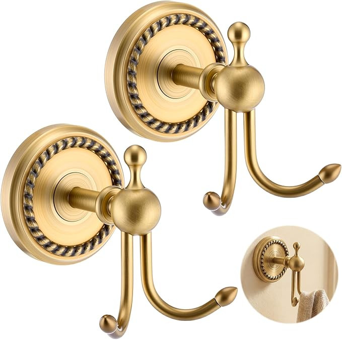 Hicarer 2 Pcs Antique Brass Towel Hook Vintage Gold Brass Wall Hook Wall Mounted Hanger Bathroom ... | Amazon (US)
