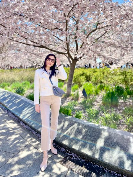 Parisian chic spring outfit ft. White Pocket Tweed Jacket w/gold buttons (S), cropped ankle flare jeans in tan (US 2), oversized sunglasses, pointed toe flats, ankle strap flats, dressy and comfy shoes, lightweight crossbody handbag 

#LTKstyletip #LTKitbag #LTKworkwear