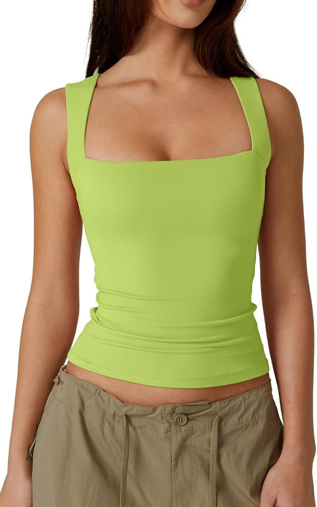 QINSEN Women's Square Neck Sleeveless Double-Layer Tank Tops Basic Tight T Shirts | Amazon (US)