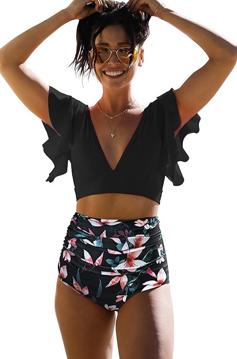 SPORLIKE Women Ruffle High Waist Swimsuit Two Pieces Push Up Tropical Print Bikini | Amazon (US)
