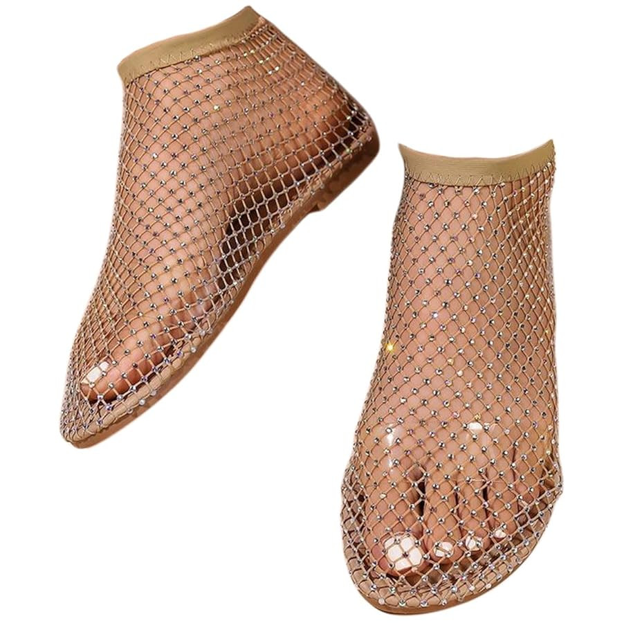 Ultra Comfortable Mesh Flats for Women Fishnet Sandals Low Heel Slip on Rhinestone Shoes | Amazon (US)