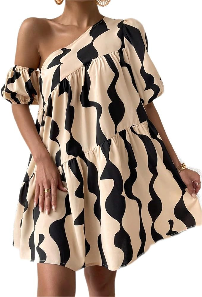 Women's Dresses Allover Print Asymmetrical Neck Ruffle Hem Smock Dress Dress for Women | Amazon (US)