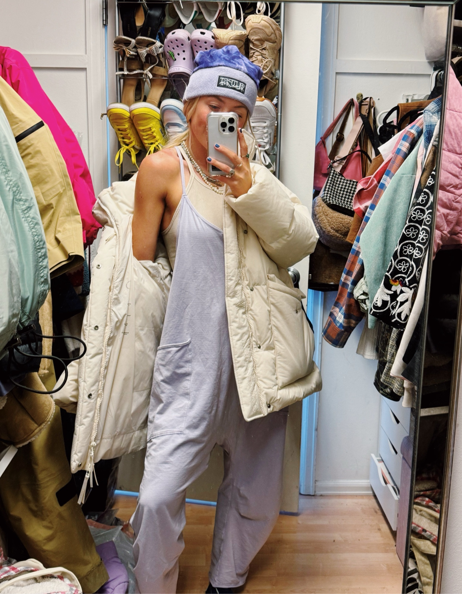 Hat is from @Outpst.co on insta!
I wear a size xs in the jumpsuit and a small in the parka!