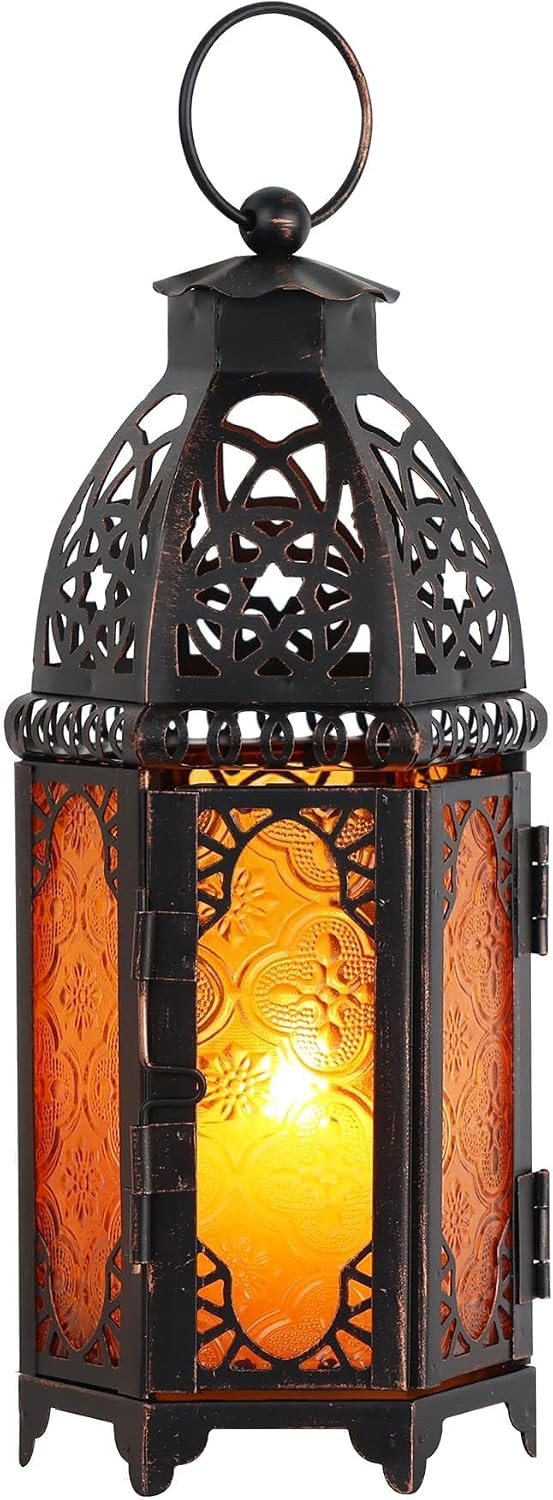 Ramadan Lanterns Decorative Indoor & Outdoor, 11’’ Medium Size Vintage Metal Hanging&Tabletop Candle Holder Decor, Halloween Christmas Moroccan Decorations for Home Porch Patio (Amber) | Amazon (US)
