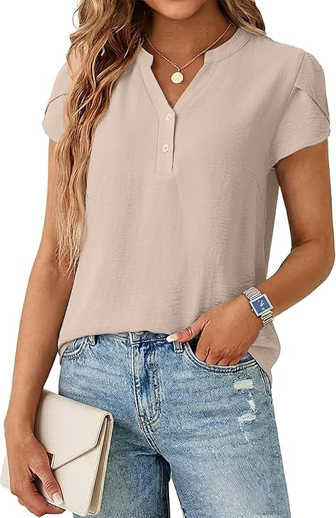 Lepunuo Womens Dressy Casual Henley Tops Summer V Neck Business Work Shirts Cap Sleeve Blouses Va... | Amazon (US)