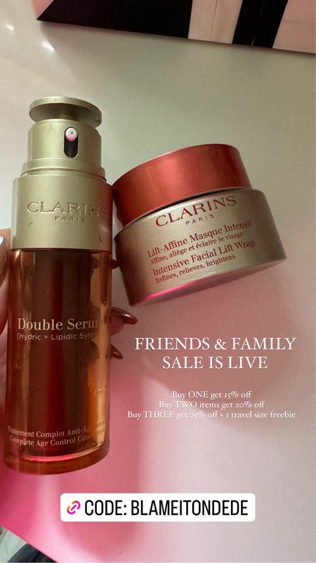 The clarins friends & fam sale is live!! 
Use code: BLAMEITONDEDE 
Buy 1 item get 15% off
Buy 2 items get 20% off 
Buy 3 items get 25% off + 1 travel size freebie 

Dressupbuttercup.com 

#dressupbuttercup 


#LTKSpringSale #LTKbeauty #LTKfindsunder100