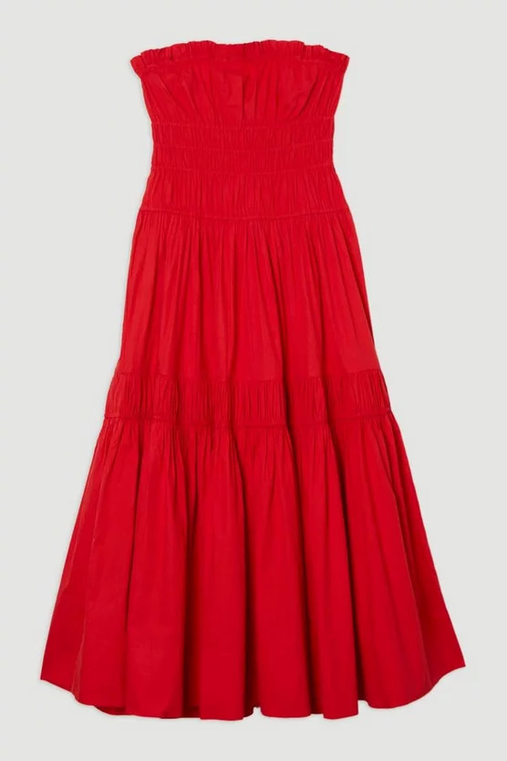 Shirred Cotton Tiered Bandeau Woven Maxi Dress | Karen Millen UK + IE + DE + NL
