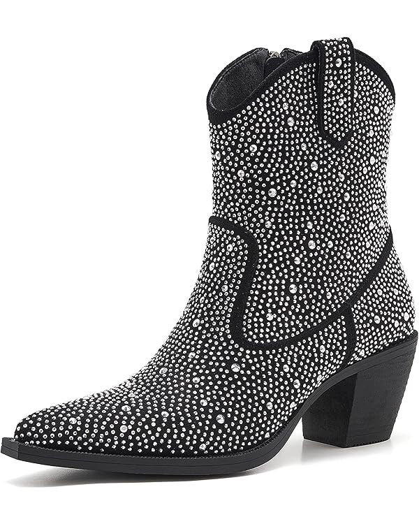 Women's Rhinestone Cowboy Boots Thick Root High Heel Pointed Toe Sparkling Cowgirl Boots | Amazon (US)