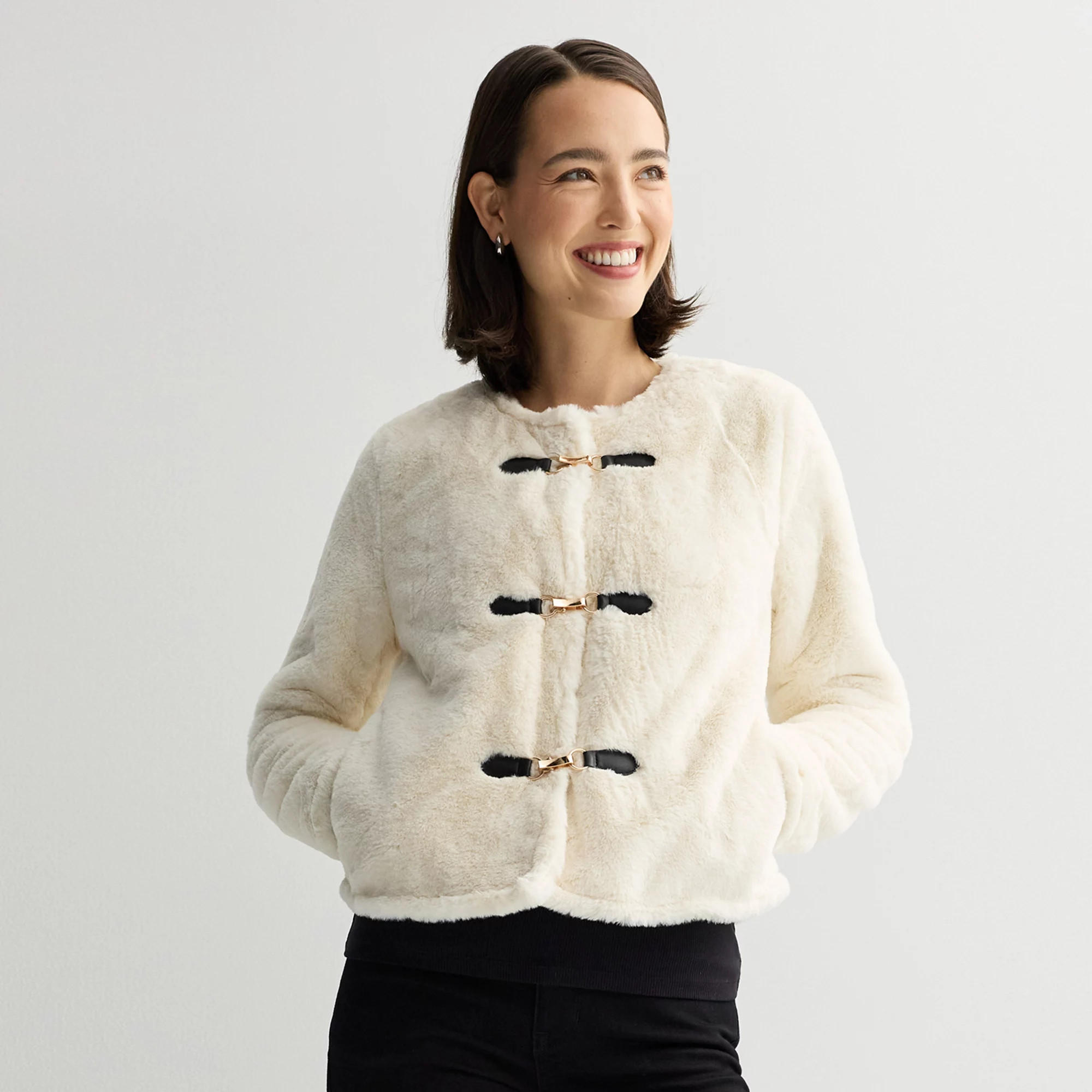 Women's Nine West Collarless Faux Fur Shearling Jacket | Kohl's