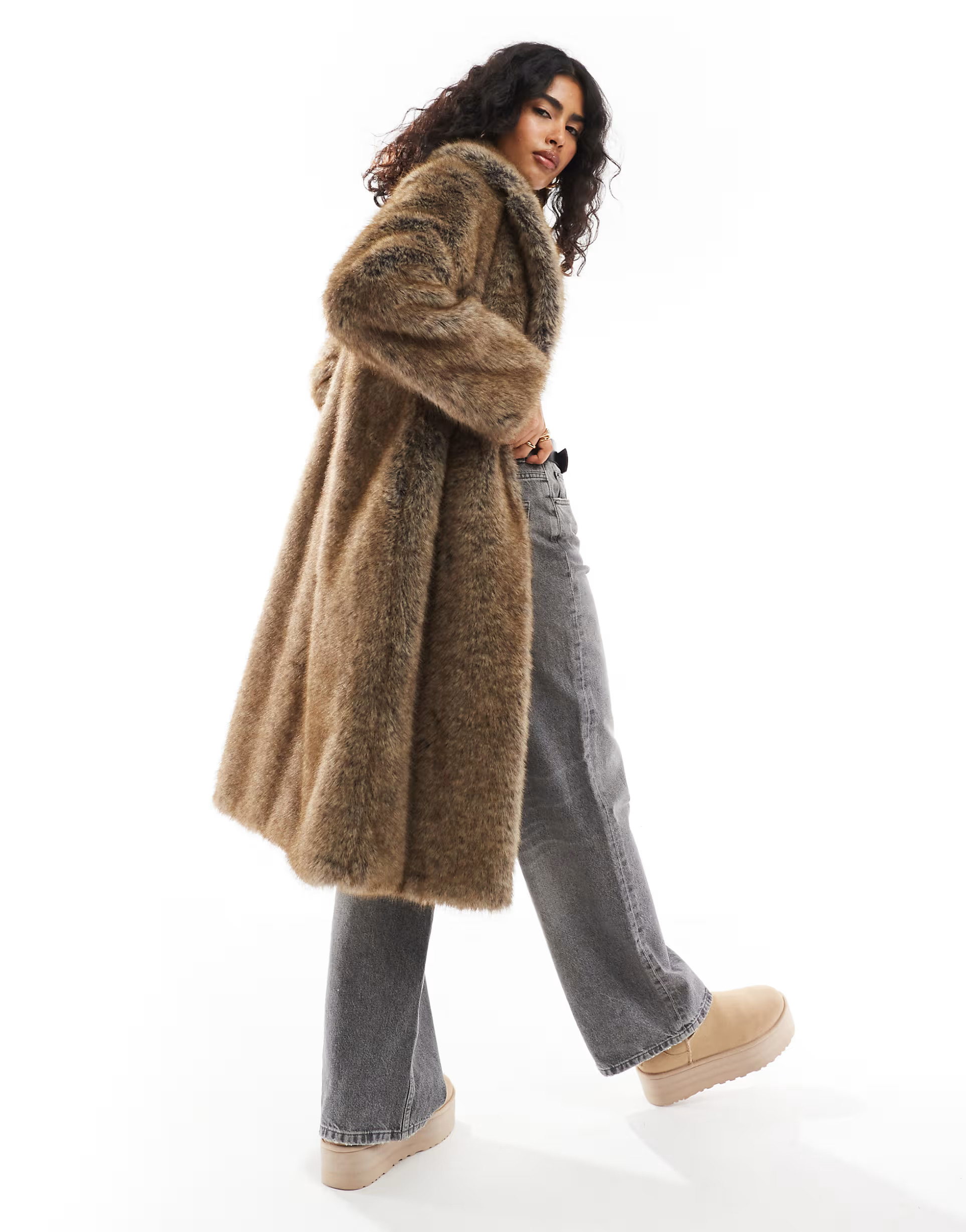 Bershka maxi faux fur coat in brown | ASOS (Global)