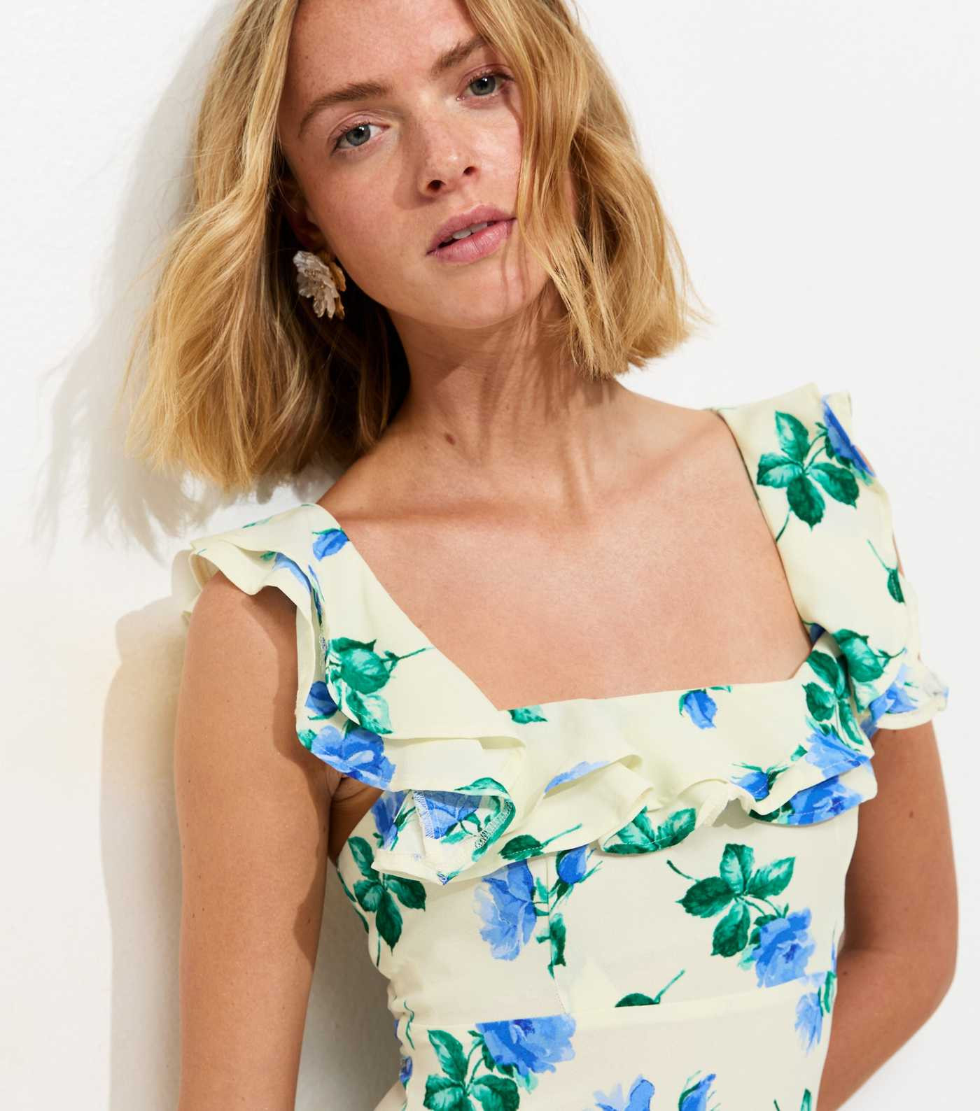 Cream Floral Ruffled Square Neck Midi Dress | New Look | New Look (UK)