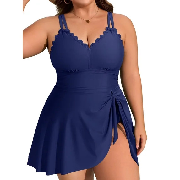 Asoul Womens Plus Size Scalloped V Neck One Piece Swimsuits Side Tie Knot Swimdress Bathing Suits | Walmart (US)