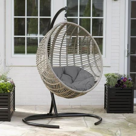 Belham Living Resin Wicker Kambree Rib Hanging Egg Chair with Cushion and Stand | Walmart (US)