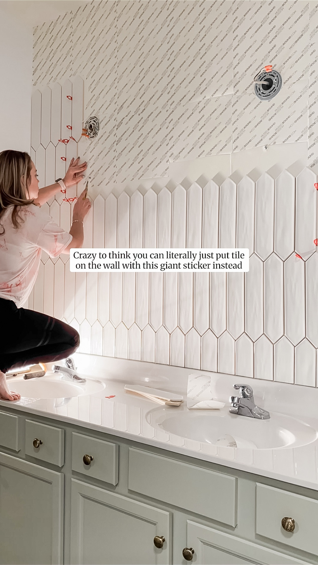 the only way to tile a backsplash! This adhesive tile sticker makes anyone a DIYer 💪🏻 | tile | DIY | backsplash | home renovation | interior design | bathroom ideas | bathroom design 

#LTKHome #LTKdayinmylife #LTKstorytime