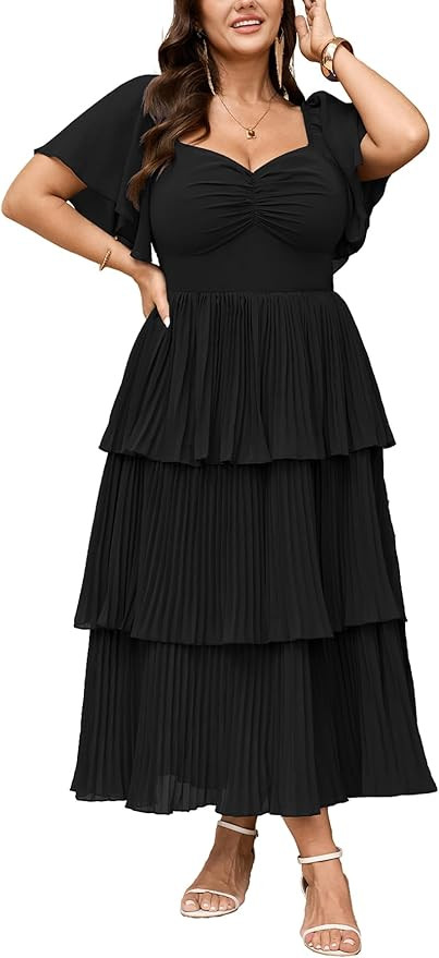 SCOMCHIC Women's Plus Size Formal Wedding Guest Evening Party Dress Short Sleeve Pleated Tiered C... | Amazon (US)