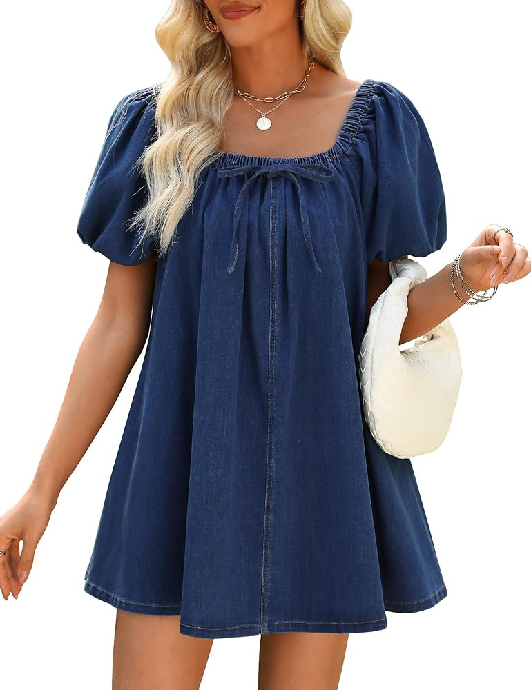 Denim Dress for Women, Puff Short Sleeve Jean Dress Square Neck Denim Romper with Pockets | Amazon (US)