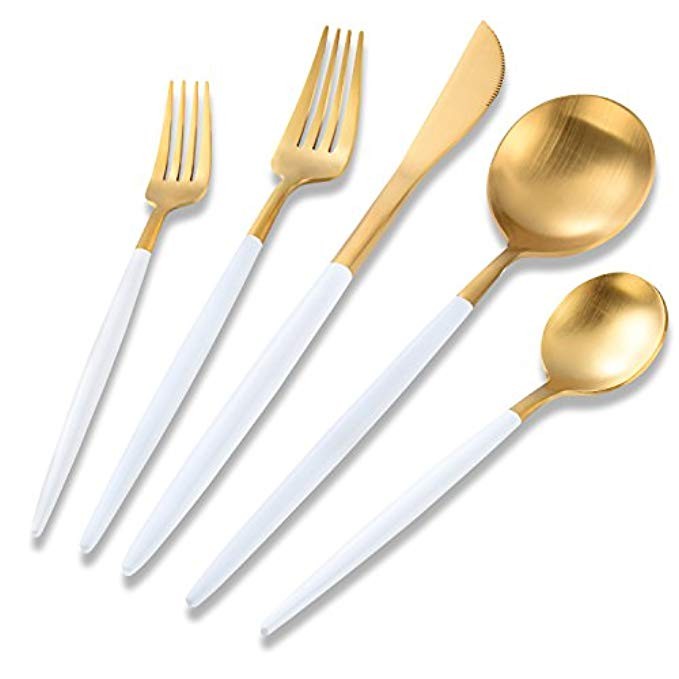 Flatasy 5 Piece Flatware Set 18/10 Stainless Steel Two Tone Flatware Set Dinnerware (White and Gold) | Amazon (US)