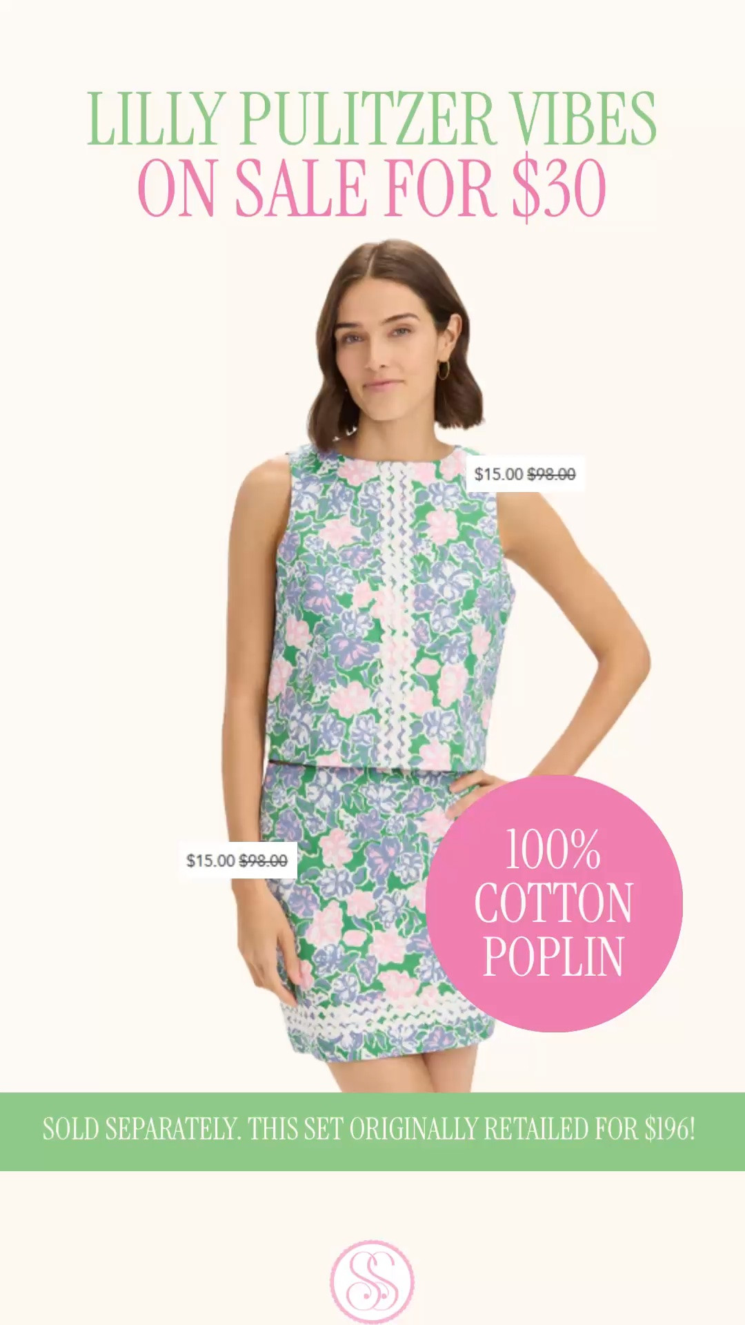 Lilly Pulitzer inspired set | preppy golf outfit | Renwick sale | golf skirt outfit | cotton poplin matching set

Lilly Pulitzer vibes, golf girl energy, and each piece is $15 right now.

This RNWK / Renwick floral shell top and matching skirt set originally retailed for $196 total, and now the top is $15 and the skirt is $15. Mostly stocked as I’m posting, and the pieces are sold separately so you can mix and match sizing or take one piece and leave the other.

Both pieces are 100% cotton poplin, fully lined, machine washable, and finished with cotton ric rac trim. The shell has a floral print, bust darts, back zipper, and ric rac detail down the front. The skirt has a straight silhouette, front and back darts, back zipper, cotton ric rac at the hem, and a 16-inch length.

Fit note: runs slightly small, so size up if you are on the fence.

Wear the full matching set for a preppy golf outfit, tennis outfit, country club look, Lilly Pulitzer inspired outfit, Masters outfit, resort lunch outfit, vacation outfit, or summer brunch. Split it up with a white polo, button down, tennis skirt, white jeans, chino shorts, raffia sandals, or sneakers.

Lilly Pulitzer inspired set, Lilly Pulitzer look for less, Renwick sale, RNWK sale, preppy golf outfit, golf outfit women, golf skirt outfit, women’s golf clothes, tennis outfit, tennis skirt outfit, country club outfit, country club style, pink and green outfit, floral matching set, cotton poplin set, 100 cotton outfit, ric rac top, ric rac skirt, floral shell top, straight skirt, preppy summer outfit, summer outfit, vacation outfit, resort outfit, Masters outfit, designer look for less

#LTKFindsUnder50 #GolfOutfit #TennisOutfit #PreppyStyle #LillyPulitzer #SummerOutfit #SummerDress #MatchingSet #SkirtSet #TwoPieceSet

#LTKSeasonal #LTKSaleAlert #LTKootd
