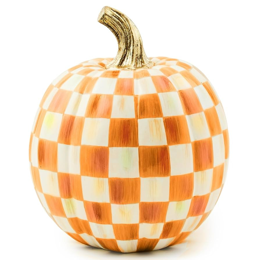 MACKENZIE-CHILDS Small Pumpkin, Resin Halloween Home Decor, Orange-and-White Orange Check | Amazon (US)
