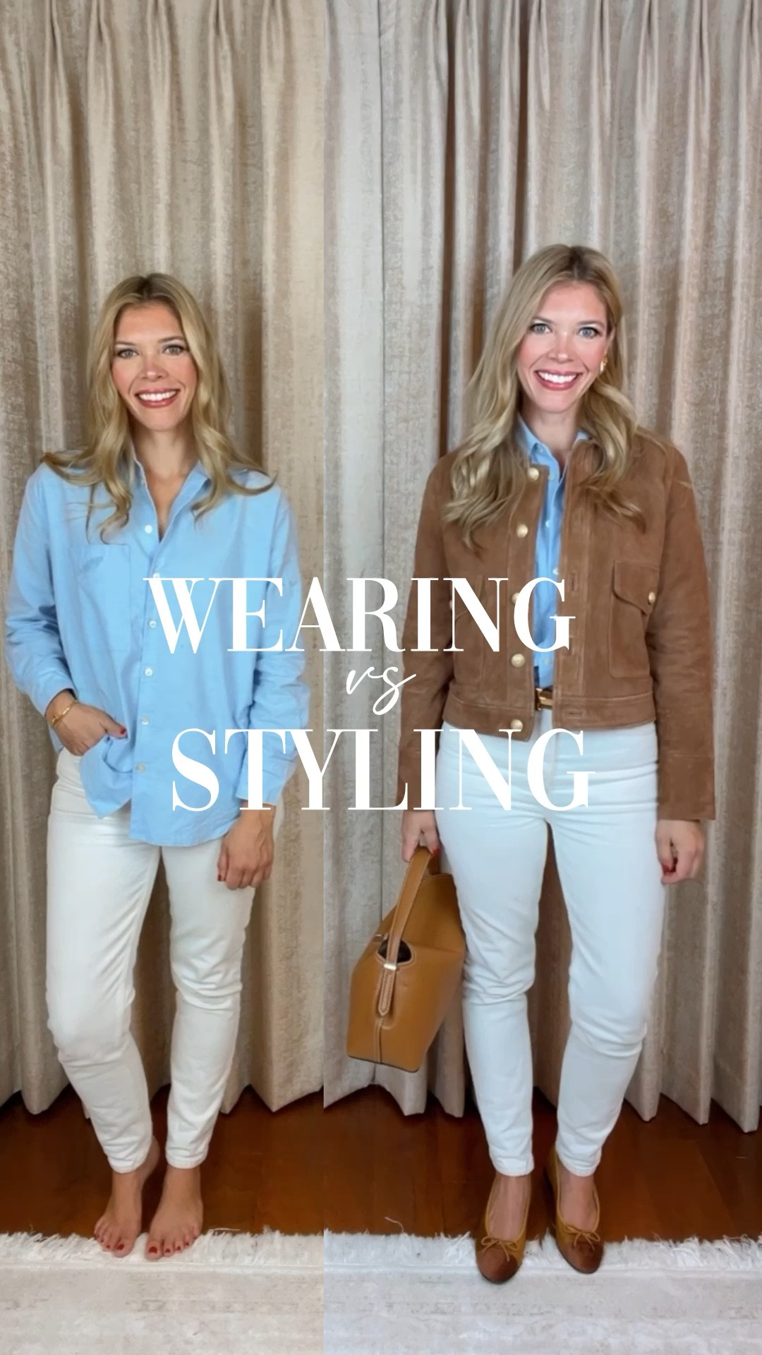 Wearing vs. Styling Fall Outfit. Fall Outfit, suede jacket, cream denim, jeans, ballet flats, toteme, toteme bag, Sezane, blue Oxford shirt, button down, fall family photos, date night outfit 

#LTKItBag #LTKSeasonal #LTKStyleTip